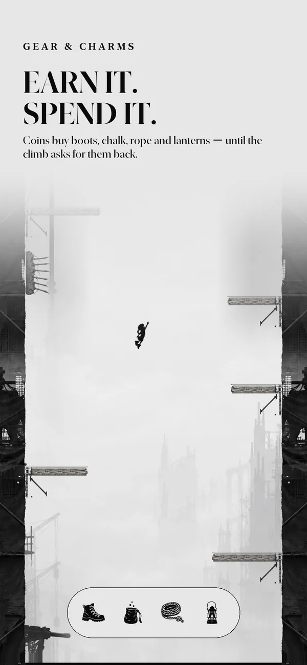 The child mid-leap Above, wearing boots and a chalk bag