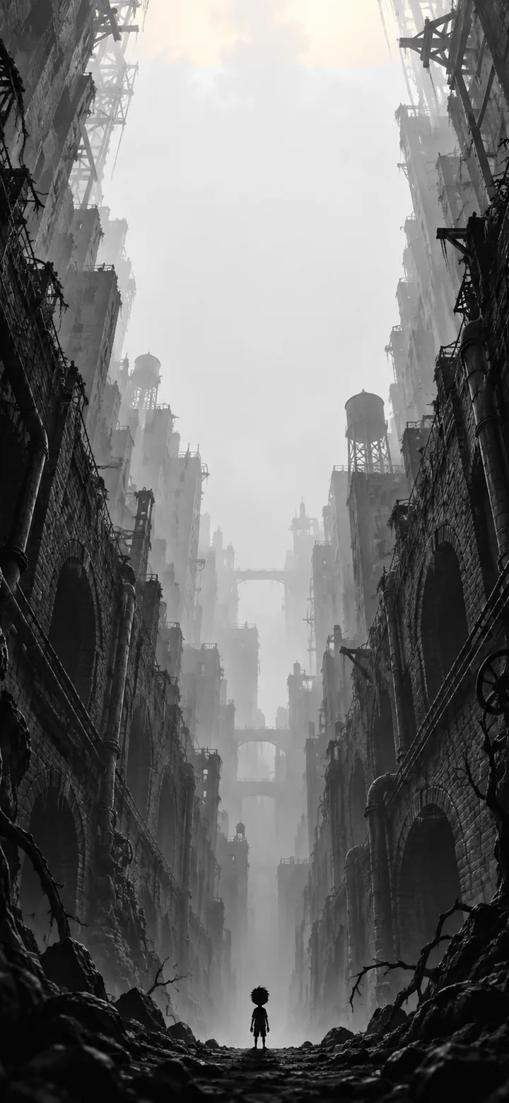 A child standing on a cave floor at the bottom of a deep, foggy shaft of ruined buildings