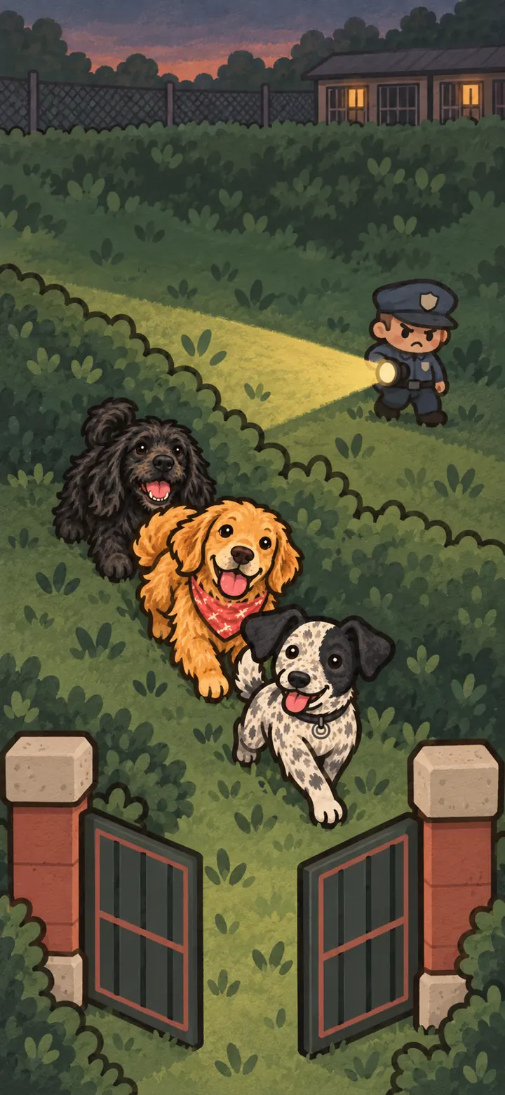 Sora, Kailani and Jack running through the hedges toward an open gate while a guard shines his flashlight