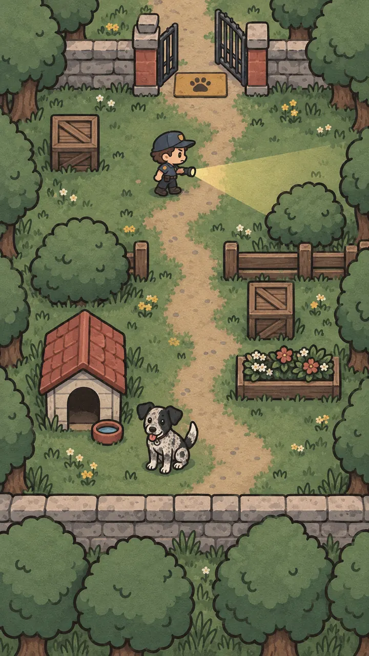 A kennel yard seen from above: a dog by its doghouse, a guard with a flashlight on the path, and the exit gate at the top